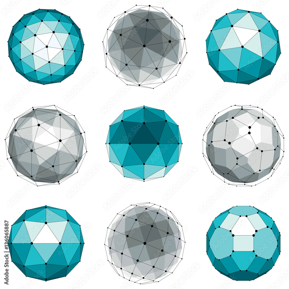Poster set of abstract 3d faceted figures with connected lines. vector