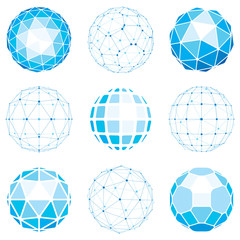 Set of abstract 3d faceted figures with connected lines. Vector