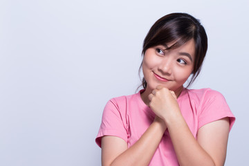 Shy woman on isolated background