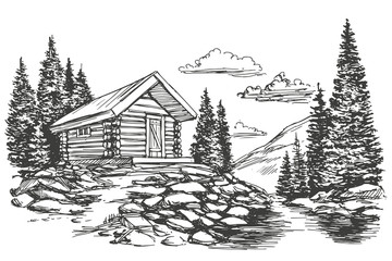 house in mountain landscape hand drawn vector illustration realistic sketch