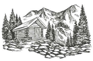 house in mountain landscape hand drawn vector illustration sketch