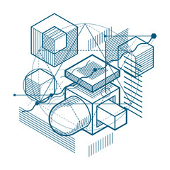 Vector background with abstract isometric lines and figures. Tem