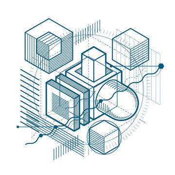 Abstract vector background with isometric lines and shapes. Cube