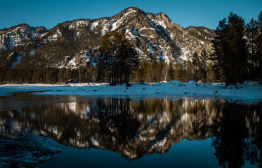 Magnificent views of the mountains with reflection in calm lake background picture