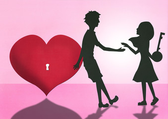 Silhouette girl open boy's heart by love key / Concept Valentine's day paper style