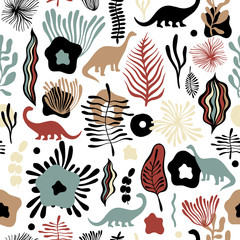 Fototapeta na wymiar Vector seamless pattern with fantastic flowers and dinosaurs. 