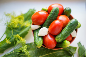 Vegetables on a white table. Tomatoes, cucumber, garlic, dill.