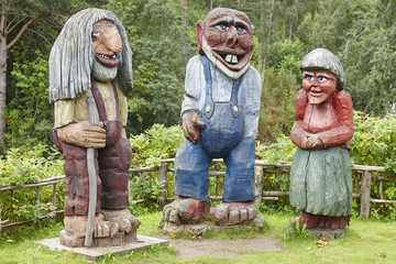 Norwegian carved wooden trolls. Scandinavian folklore. Norway.