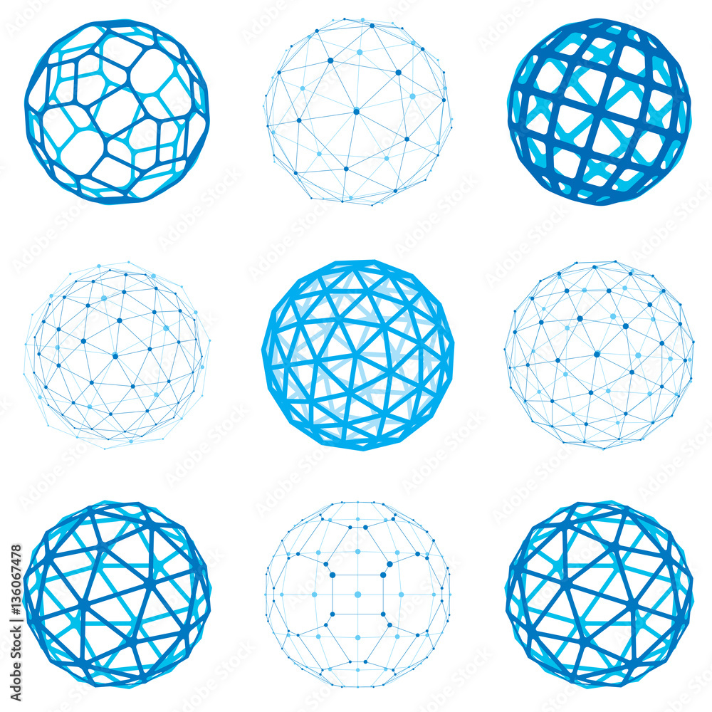 Poster set of vector dimensional wireframe low poly objects, spherical