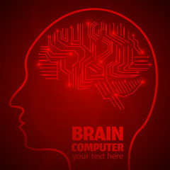 Human Brain Logo,Neurology Anatomical Conception.Silicon chips w synapses in shape of Cerebrum Cerebellum w text Brain computer on red luminous background.Brain Thought lights shines as Brain works