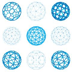 Set of vector dimensional wireframe low poly objects, spherical