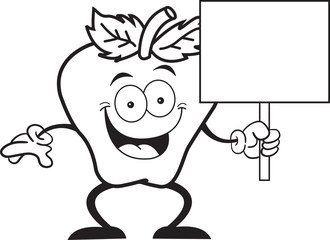 Black and white illustration of an apple holding a sign.