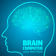 Human Brain Logo,Neurology Anatomical Conception.Silicon chips w synapses in shape of Cerebrum Cerebellum w text Brain computer on blue luminous background.Brain Thought lights shines as Brain works