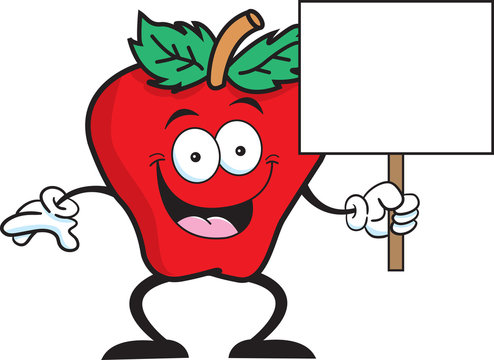 Cartoon illustration of an apple holding a sign.