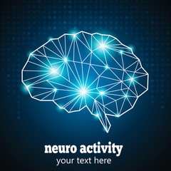 Abstract Human Brain Medical Logo,Neurology Anatomical Conception.Cerebral Geometric Brain and Cerebellum on blue dotted background w text Neuro Activity.Brain Thought lights shines as Brain works