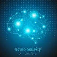 Abstract Human Brain Medical Logo,Neurology Anatomical Conception.Cerebral Geometric Brain and Cerebellum on blue dotted background w text Neuro Activity.Brain Thought lights shines as Brain works