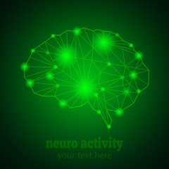 Abstract Human Brain Medical Logo,Neurology Anatomical Conception.Cerebral Geometric Brain and Cerebellum on green luminous background w text Neuro Activity.Brain Thought lights shines as Brain works