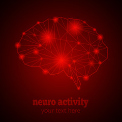 Abstract Human Brain Medical Logo,Neurology Anatomical Conception.Cerebral Geometric Brain and Cerebellum on red luminous background w text Neuro Activity.Brain Thought lights shines as Brain works