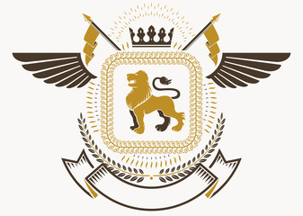 Heraldic Coat of Arms decorative emblem with bird wings, vector