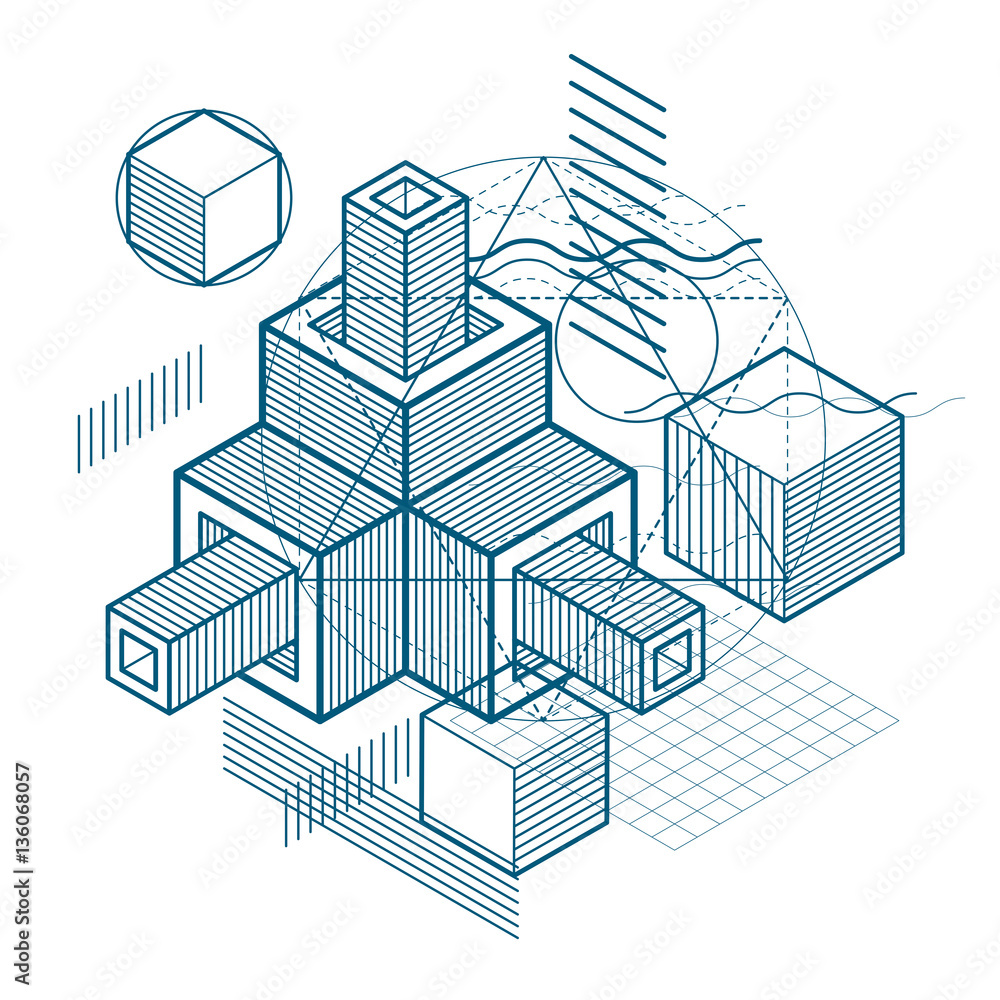 Aufkleber abstract design with 3d linear mesh shapes and figures, vector i