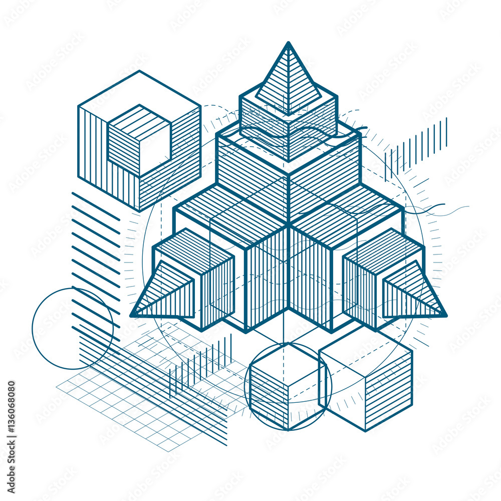 Aufkleber isometric abstraction with lines and different elements, vector