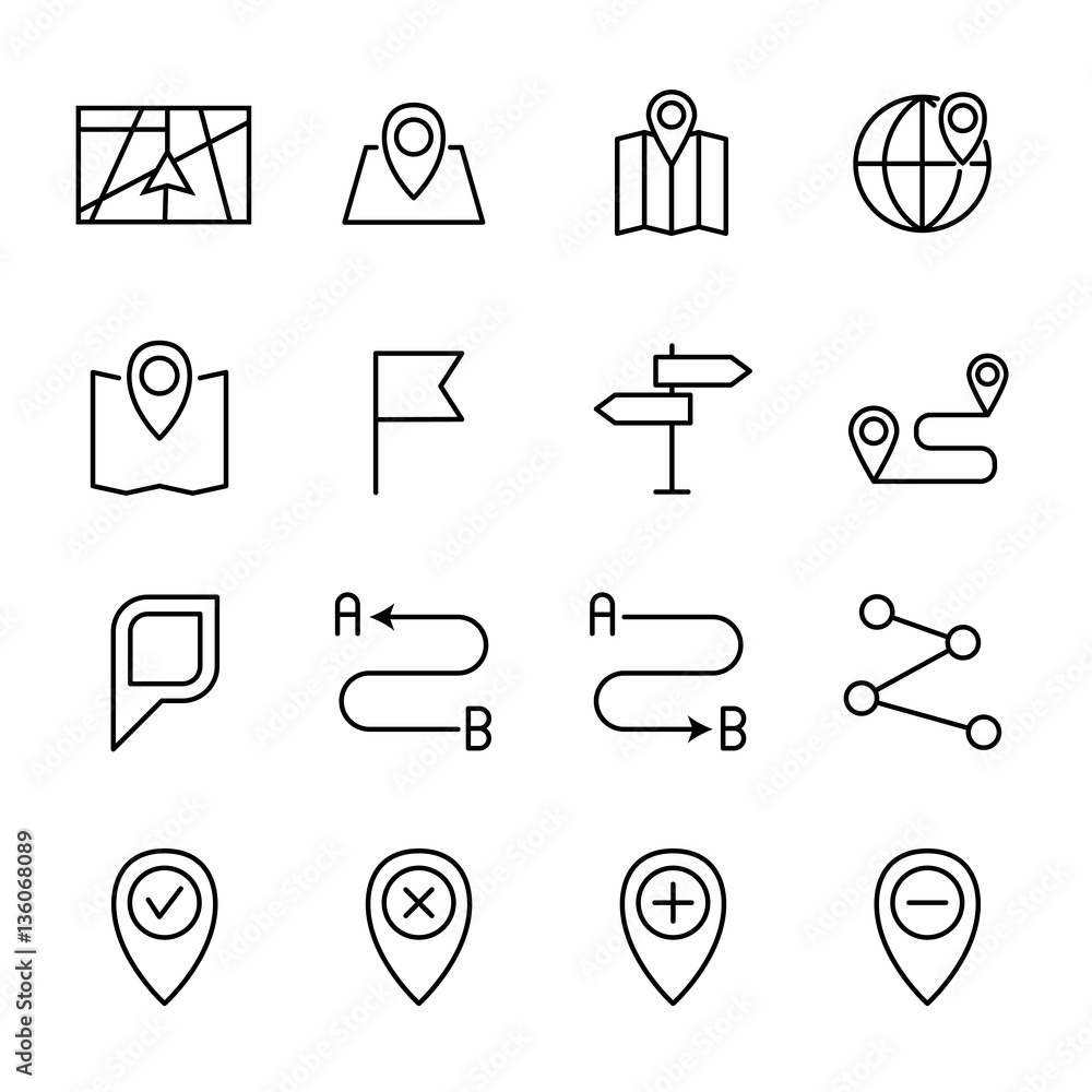 Poster set of map icons in modern thin line style.