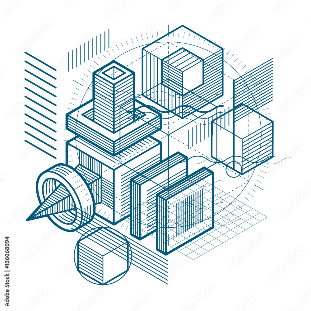 Aufkleber isometric abstraction with lines and different elements, vector