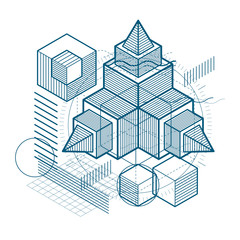 Isometric abstraction with lines and different elements, vector