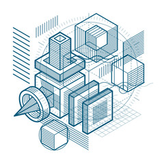 Isometric abstraction with lines and different elements, vector