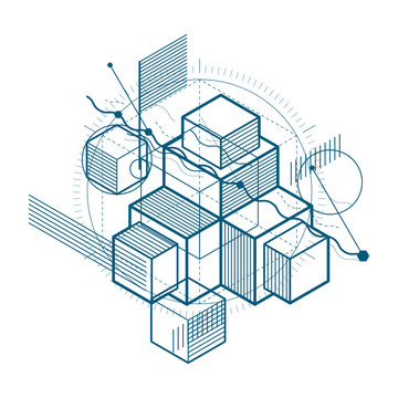 Abstract vector background with isometric lines and shapes. Cube