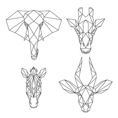 Animali Africani in stile astratto geometrico, elefante, giraffa, zebra, antilope, arte lineare sullo sfondo bianco, illustrazione vettoriale