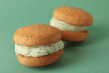 Ice cream cookie sandwiches on green background