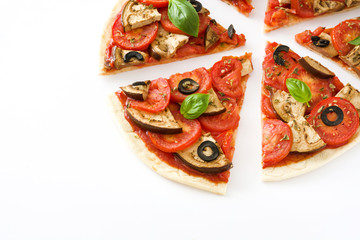 Vegetarian pizza with eggplant, tomato, black olives, oregano and basil isolated on white background