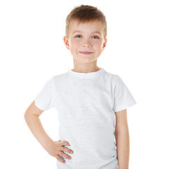 Cute boy in blank T-shirt isolated on white