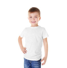 Cute boy in blank T-shirt isolated on white