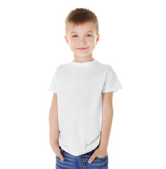 Cute boy in blank T-shirt isolated on white