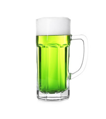 Mug with cold green beer on white background. Saint Patrick's Day concept