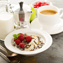 Quinoa porridge with raspberry and coconut flakes