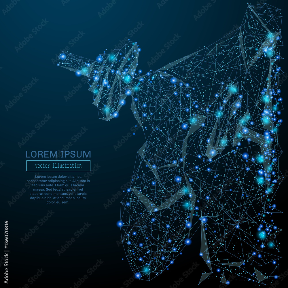 Aufkleber Abstract image of a businessman with dumbbell in the form of a starry sky or space, consisting of points, lines, and shapes in the form of planets, stars and the universe. Vector business concept.