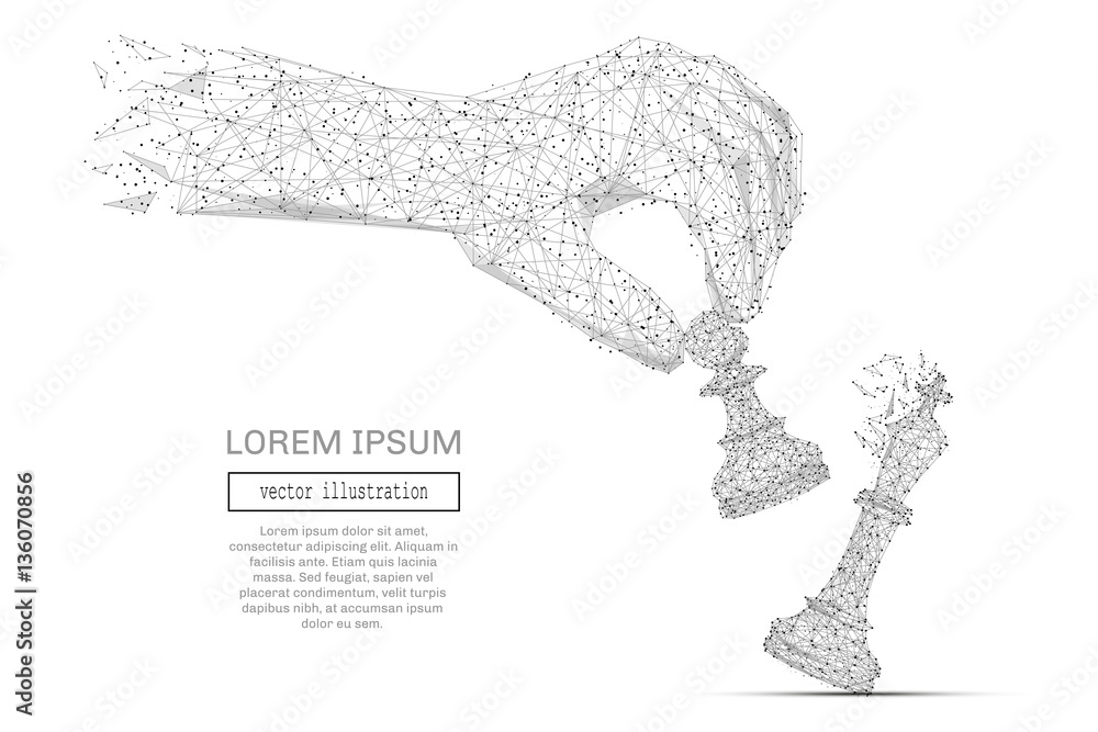Poster Abstract hand holding chess pawn polygonal, geometry triangle. Light connection structure. Low poly vector background. Business concept
