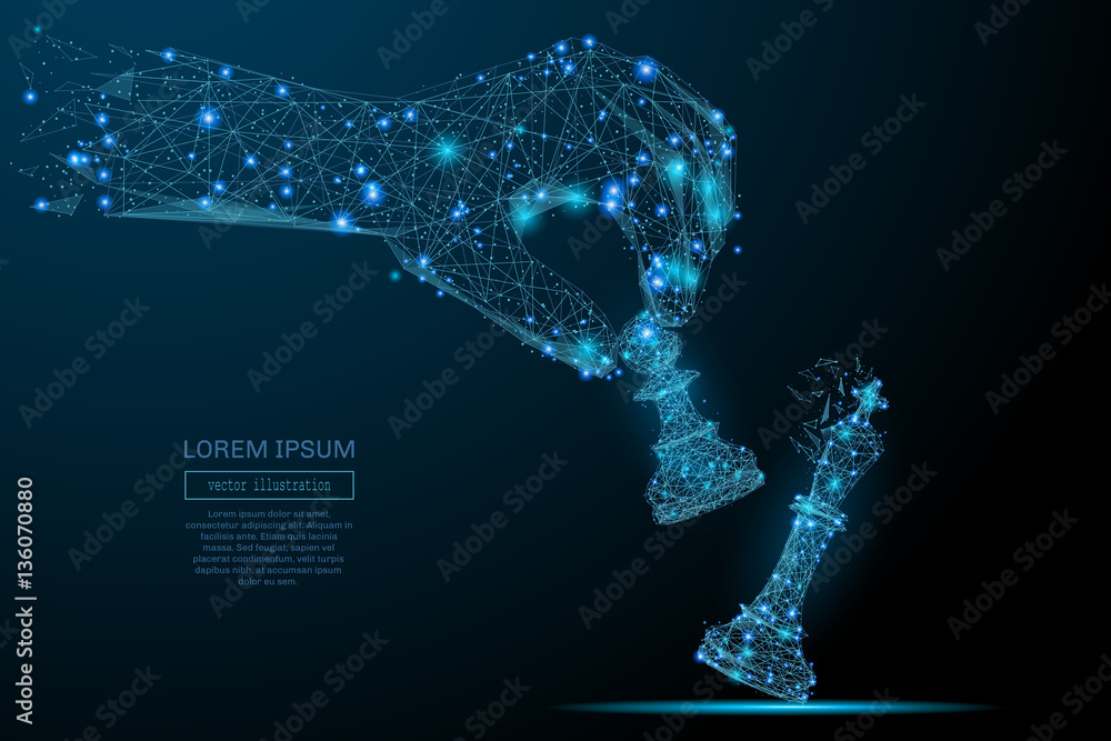 Poster Abstract image of a hand holding chess pawn in the form of a starry sky or space, consisting of points, lines, and shapes in the form of planets, stars and the universe. Vector business concept.