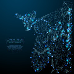 Abstract image of a businessman with dumbbell in the form of a starry sky or space, consisting of points, lines, and shapes in the form of planets, stars and the universe. Vector business concept.