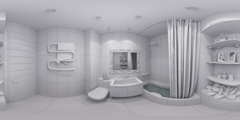 3d illustration spherical 360 degrees, seamless panorama of bathroom interior design in classic style