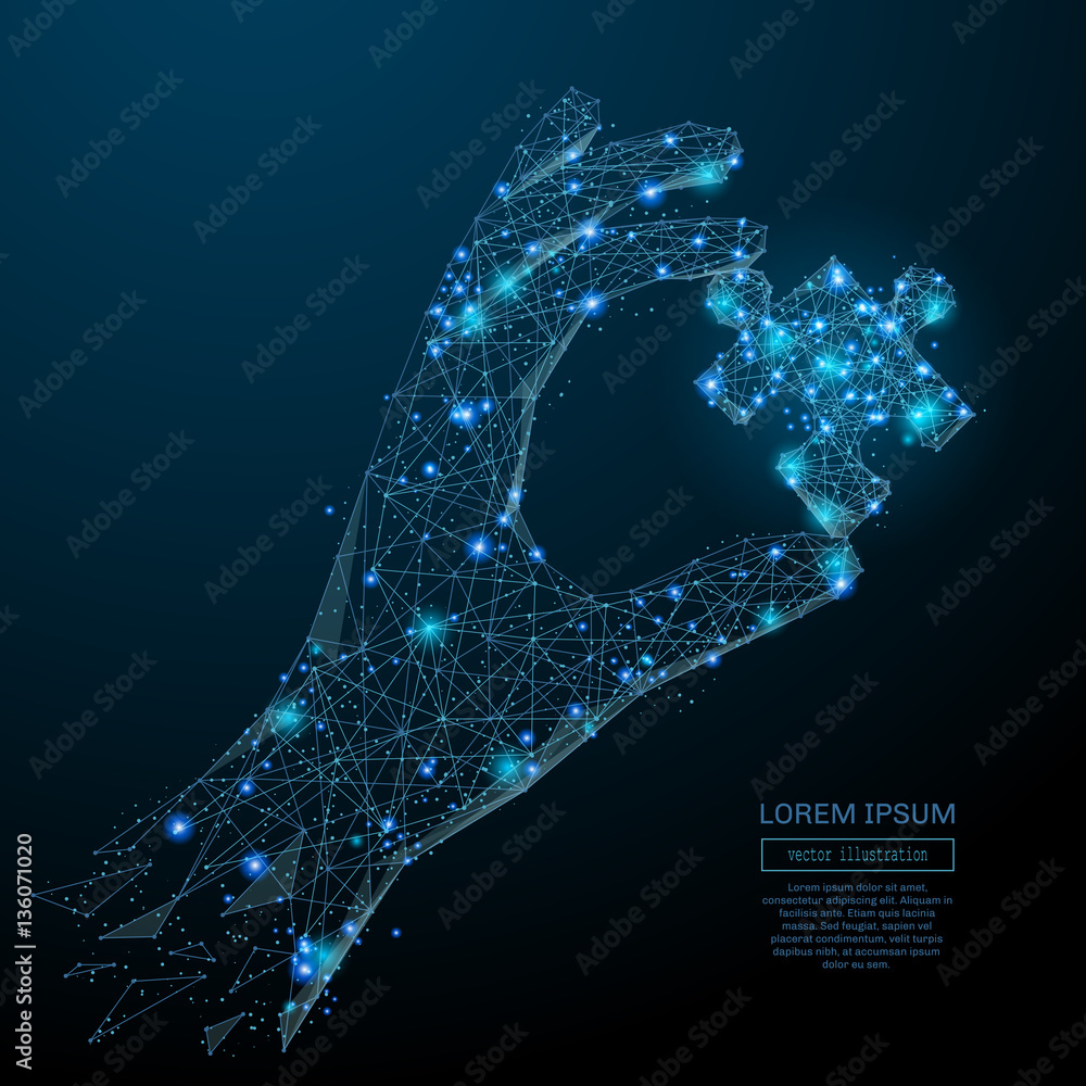 Poster Abstract image of a hand holding puzzle in the form of a starry sky or space, consisting of points, lines, and shapes in the form of planets, stars and the universe. Vector business wireframe concept.