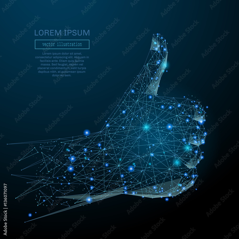Poster Abstract image of a hand Thumb up in the form of a starry sky or space, consisting of points, lines, and shapes in the form of planets, stars and the universe. Vector business