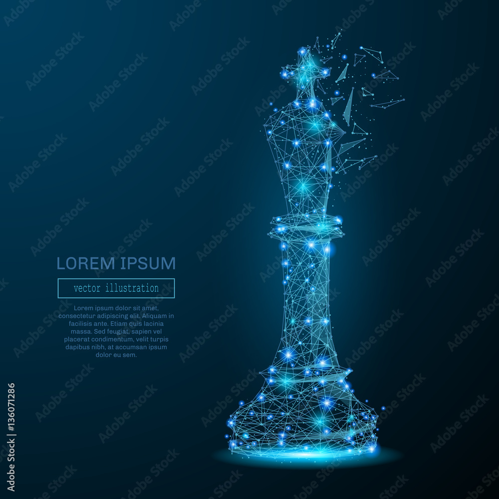 Poster Abstract image of a king of chess in the form of a starry sky or space, consisting of points, lines, and shapes in the form of planets, stars and the universe. Vector business