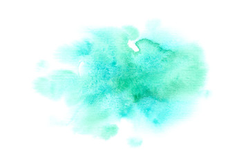 Wet fuzzy turquoise blue stain painted in watercolor on clean white background - 136071204