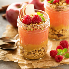 Applesauce and raspberry puree parfait with granola