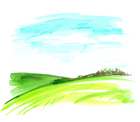 Fototapeta na wymiar Simple landscape with blue sky and green meadows and hills painted in watercolor on clean white background