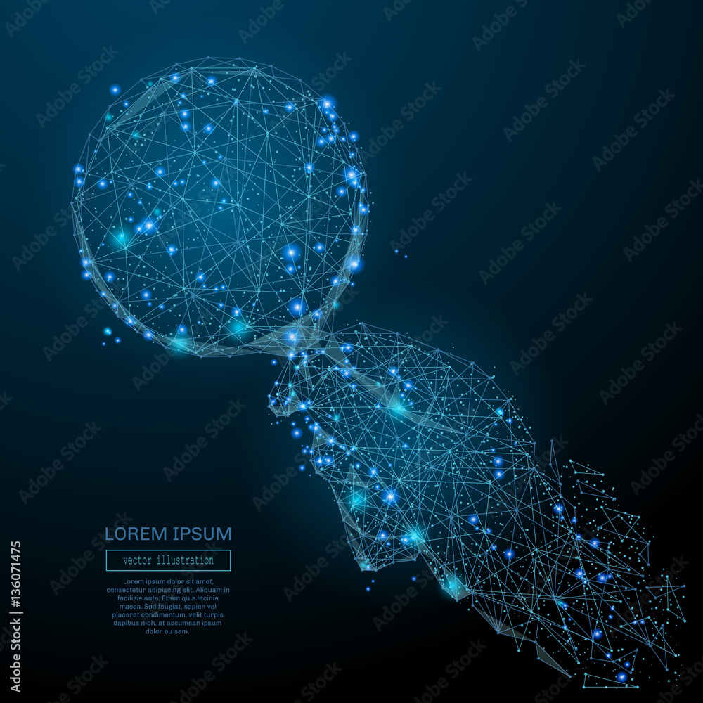 Poster Abstract image of a magnifier on hand in the form of a starry sky or space, consisting of points, lines, and shapes in the form of planets, stars and the universe. Vector business